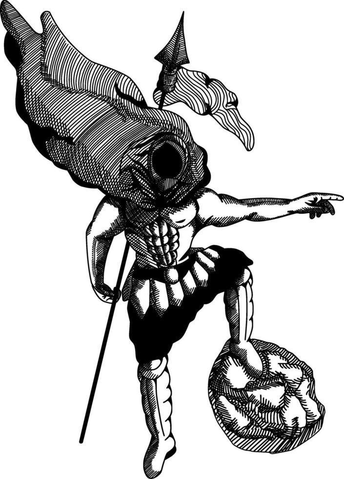 black silhouette of ancient assasin,wearing dark robes and holding spear at his back. vector
