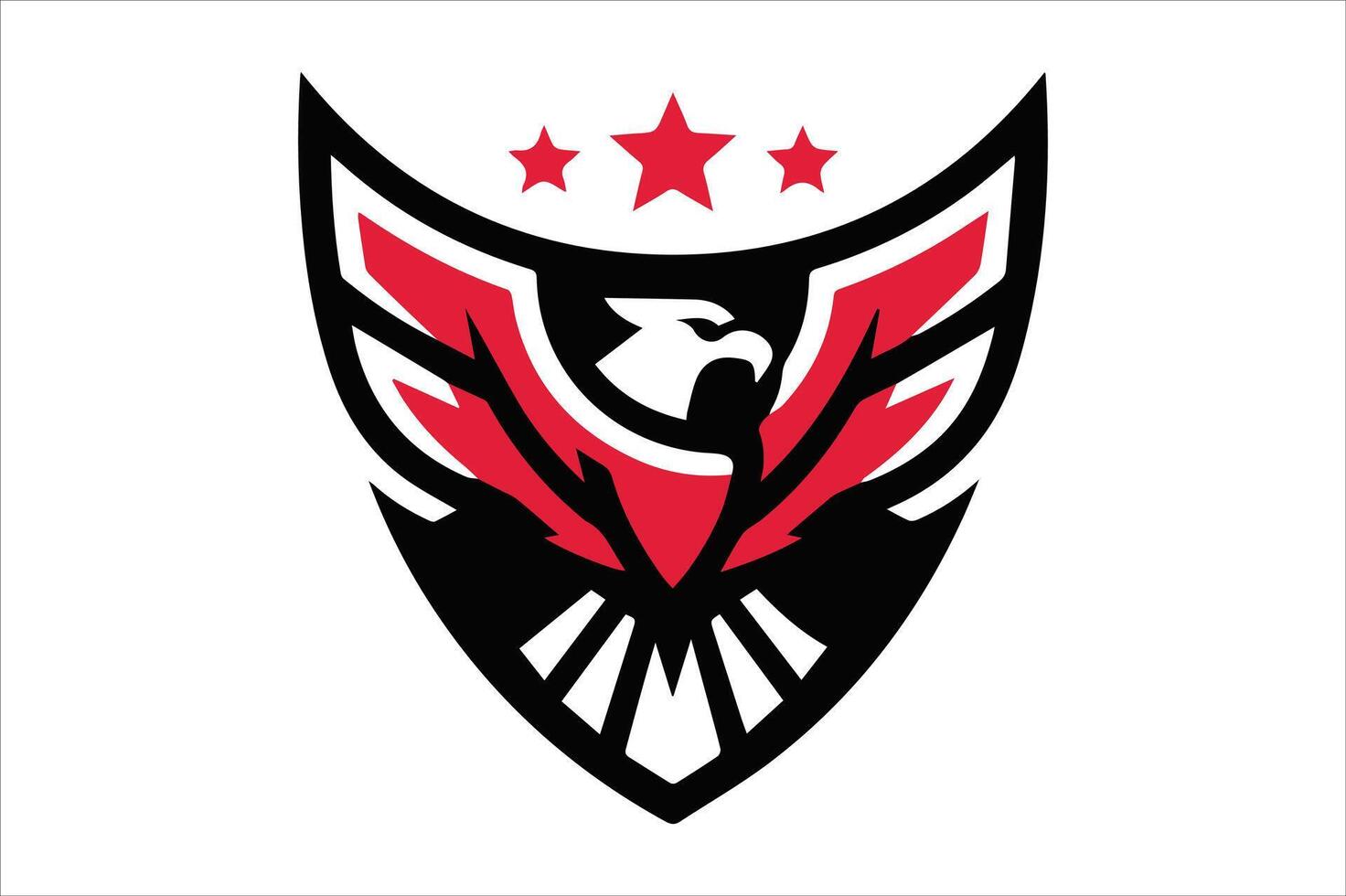 Minimal line eagle logo with wing, falcon, star, and shield in ribbon design vector