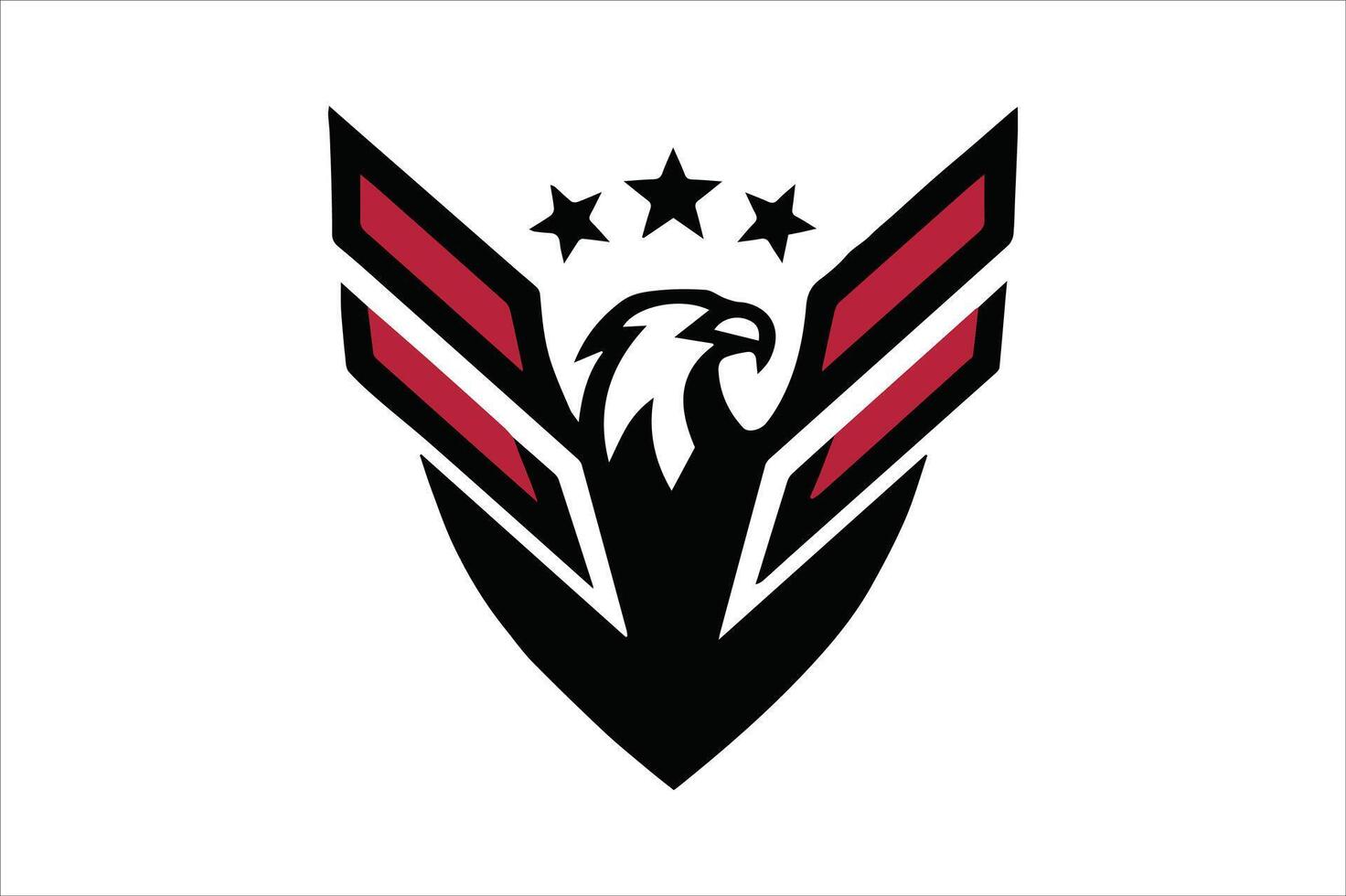 Minimal line eagle logo with wing, falcon, star, and shield in ribbon design vector
