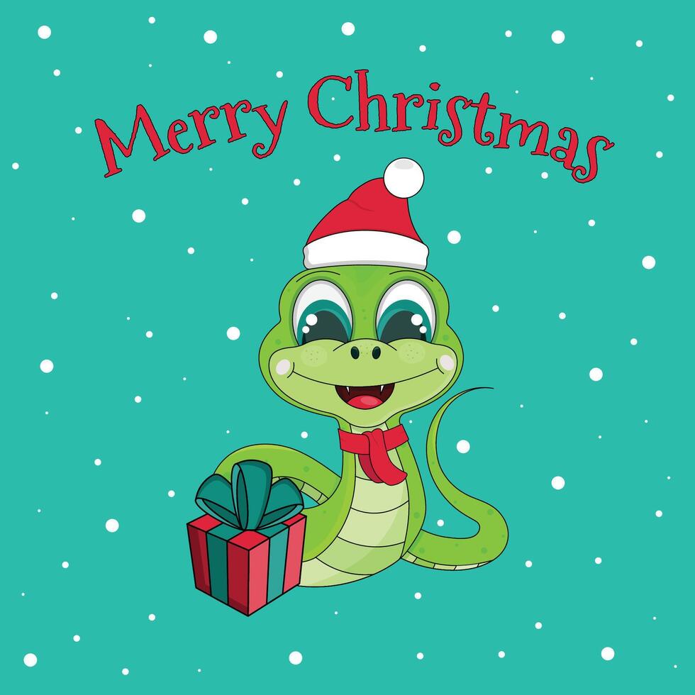 Christmas card on a green background. The green snake is the symbol of the year with a gift box and a Santa hat on a green background. vector