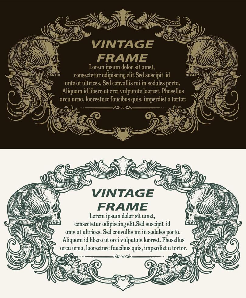 Vintage border frame engraving with skull head ornament design - vector