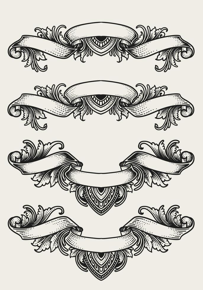 Hand drawn ribbons vintage set. Engraving ornament style vector