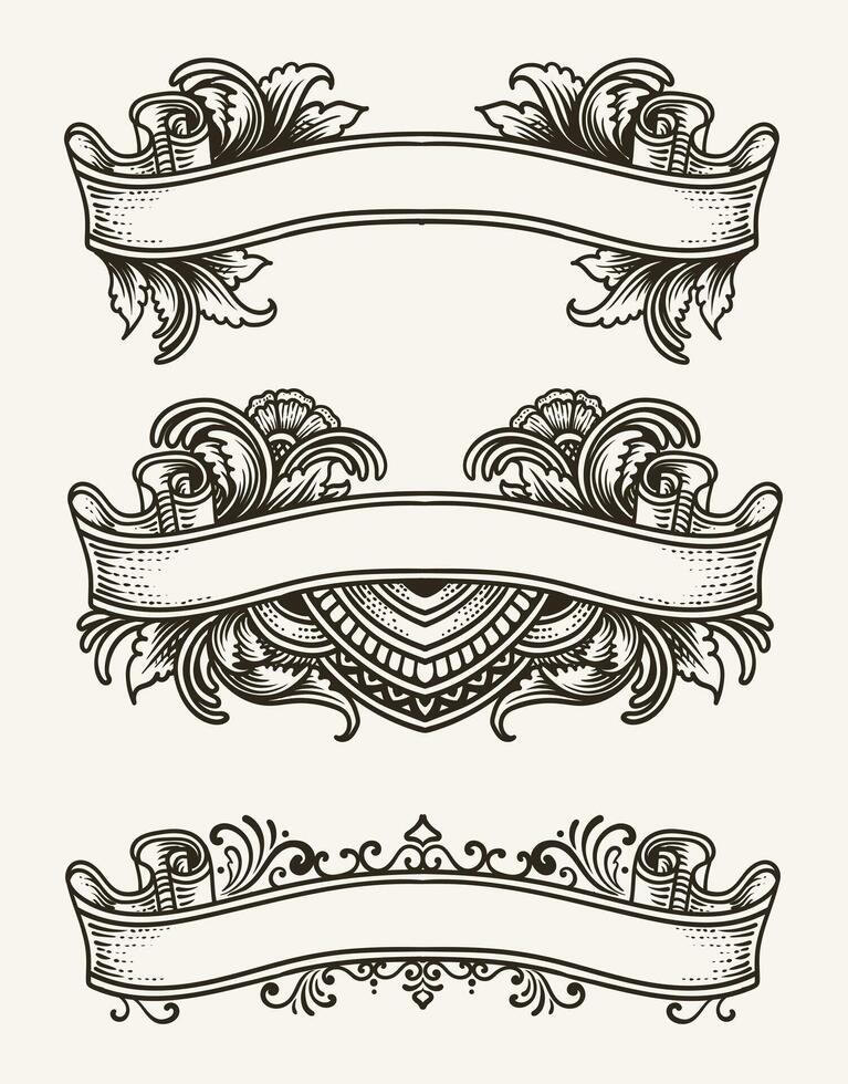 Hand drawn ribbons vintage set. Engraving ornament style - vector