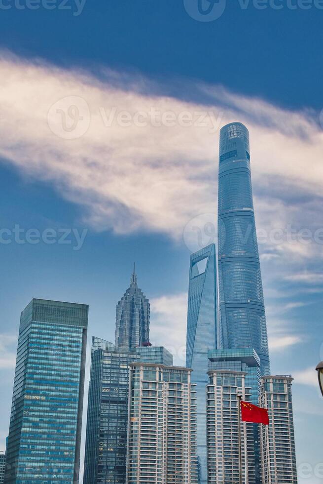 Shanghai Skyline with Shanghai Tower and National Flag photo