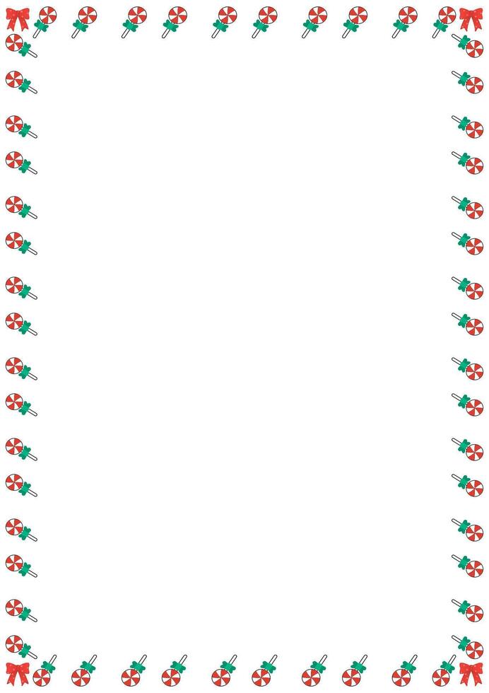 Christmas worksheet frame, red candies decorated with red bow corners on a white background. vector