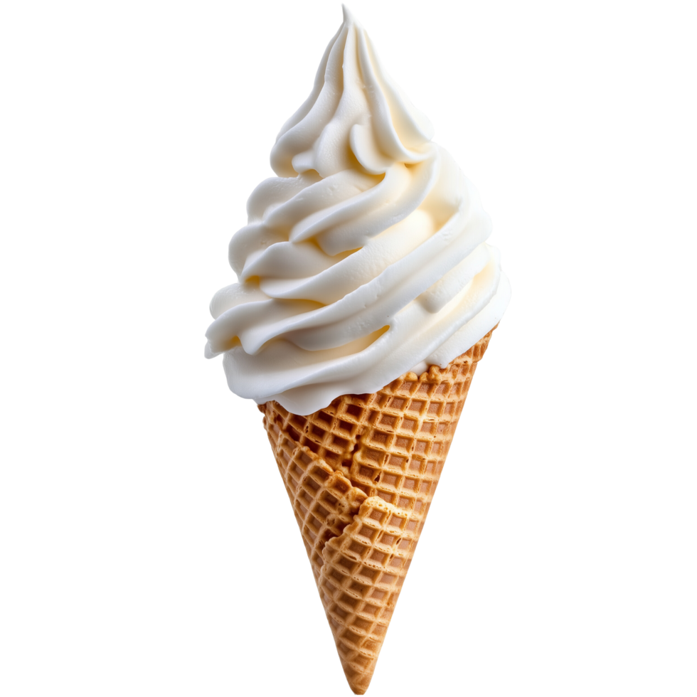 Delicious ice cream cone with creamy vanilla swirl on crispy waffle cone, perfect for hot day. Indulge in this sweet treat png