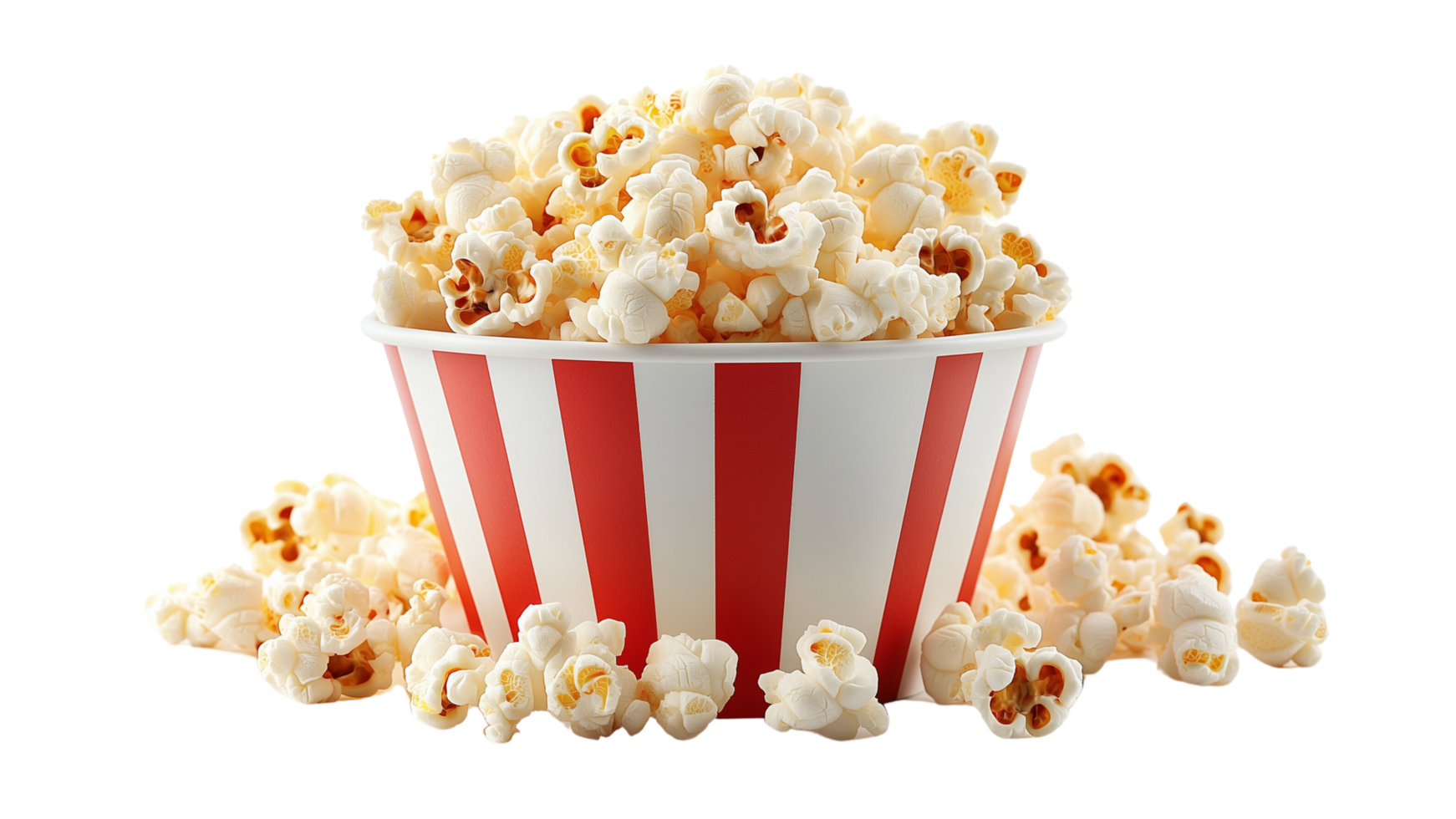 Delicious popcorn overflowing from classic striped bucket, perfect for movie nights and snacks. Enjoy buttery flavor and crunchy texture png