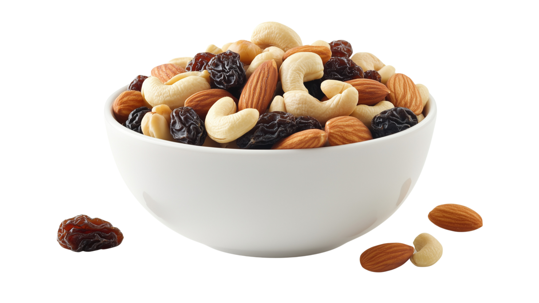 Bowl of mixed nuts and dried fruits, including almonds, cashews, and raisins, perfect for healthy snack or trail mix. Enjoy crunchy and chewy textures png