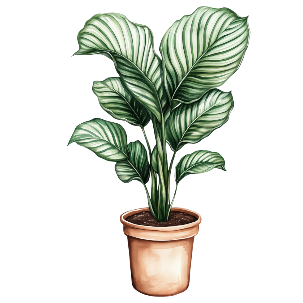 Calathea orbifolia plant in terracotta pot, perfect for home decor, adds touch of nature and elegance to any space. Its vibrant leaves create calming atmosphere png