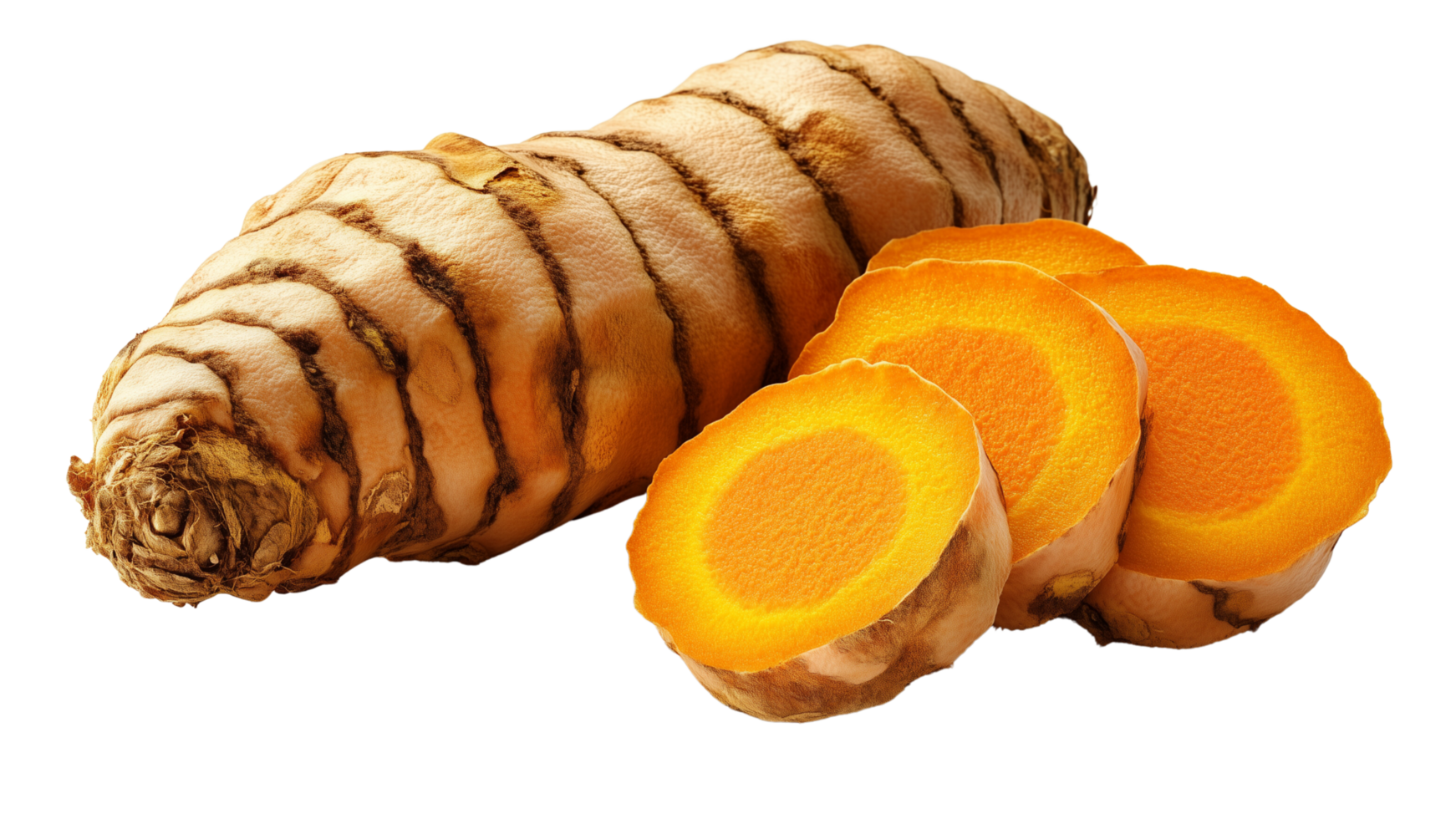 Fresh turmeric root with vibrant orange slices, showcasing its unique texture and color. Perfect for culinary and health uses png