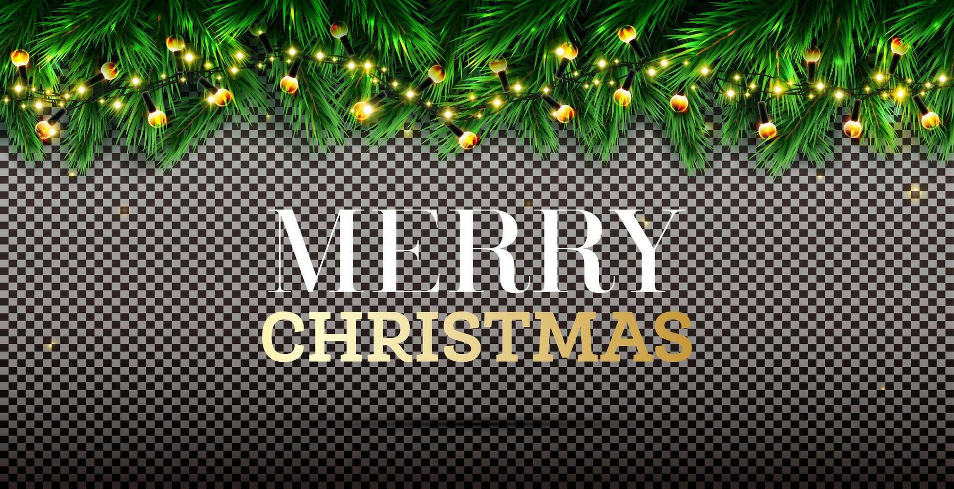 Fir branches with neon lights on garlands. Checkered background. Merry Christmas. Happy New Year. Green pine spruce twig. Holiday background. Evergreen needles. Copy space. vector