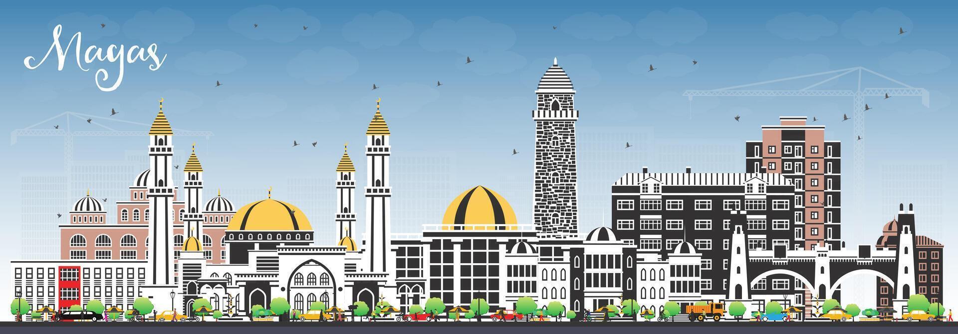 Magas Russia city skyline with color buildings and blue sky. Magas cityscape with landmarks. Business travel and tourism concept with modern and historic architecture. vector