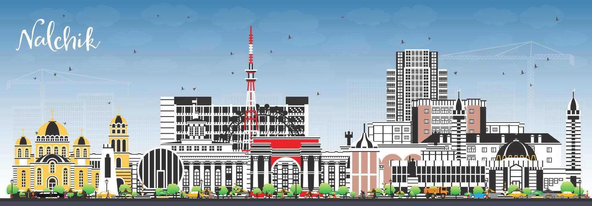 Nalchik Russia city skyline with color buildings and blue sky. Nalchik cityscape with landmarks. Business travel and tourism concept with modern and historic architecture. vector