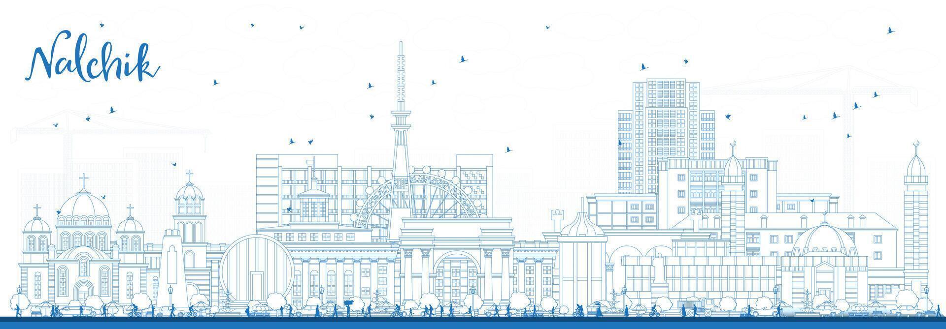 Outline Nalchik Russia city skyline with blue buildings. Nalchik cityscape with landmarks. Business travel and tourism concept with modern and historic architecture. vector