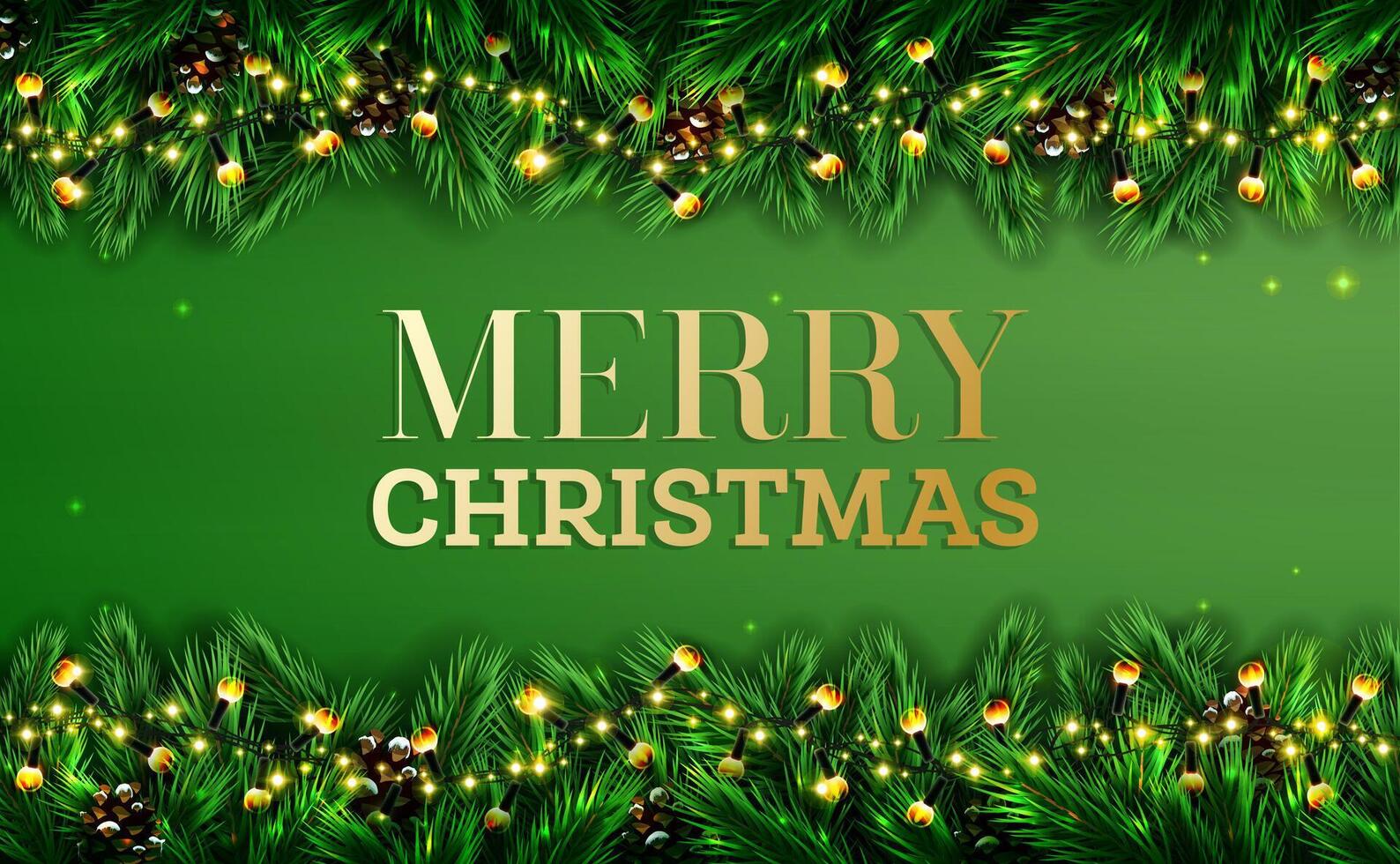 Winter holiday background. Border with christmas evergreen fir tree branches and pine cones. Neon lights on garlands. Merry Christmas. Happy New Year. Green pine spruce twig. vector