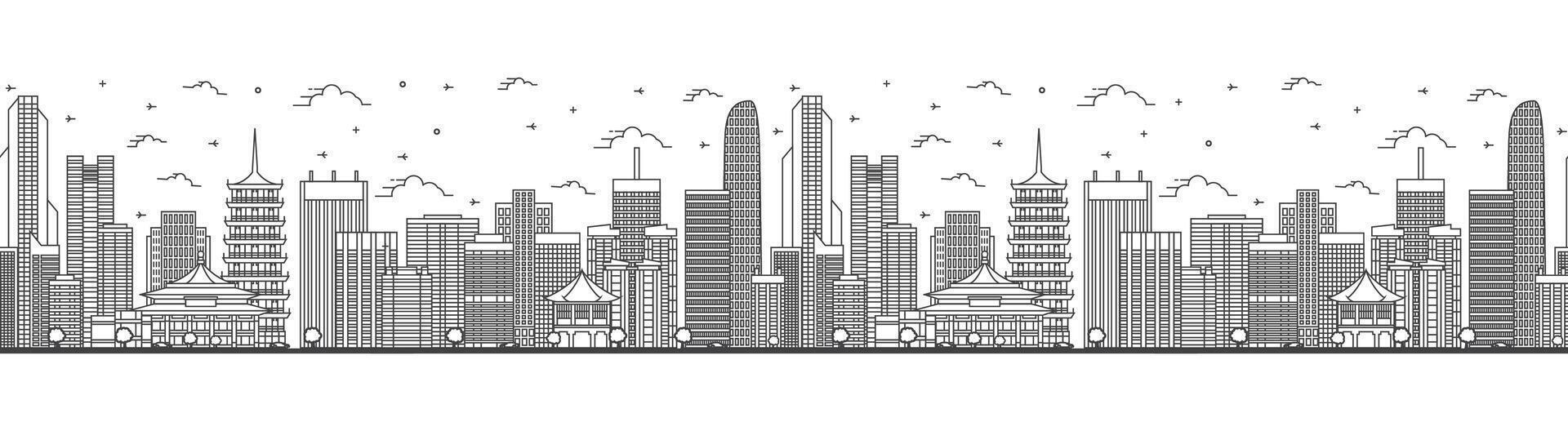 Seamless pattern with outline Guangzhou China City Skyline with Modern Buildings Isolated on White. Guangzhou Cityscape with Landmarks. vector