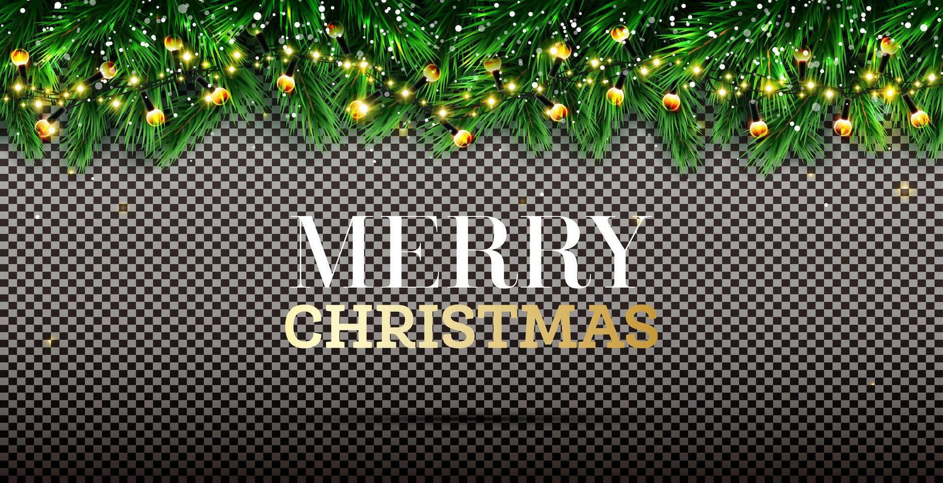 Fir branches with neon lights on garlands. White falling snowflakes. Checkered background. Merry Christmas. Happy New Year. Green pine spruce twig. Holiday background. vector
