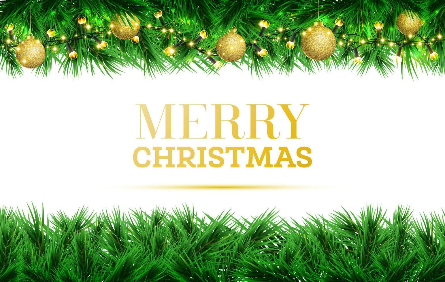 Fir branches with golden christmas balls and neon lights on garlands on white background. Merry Christmas. Happy New Year. Green pine spruce twigs. Holiday background. vector