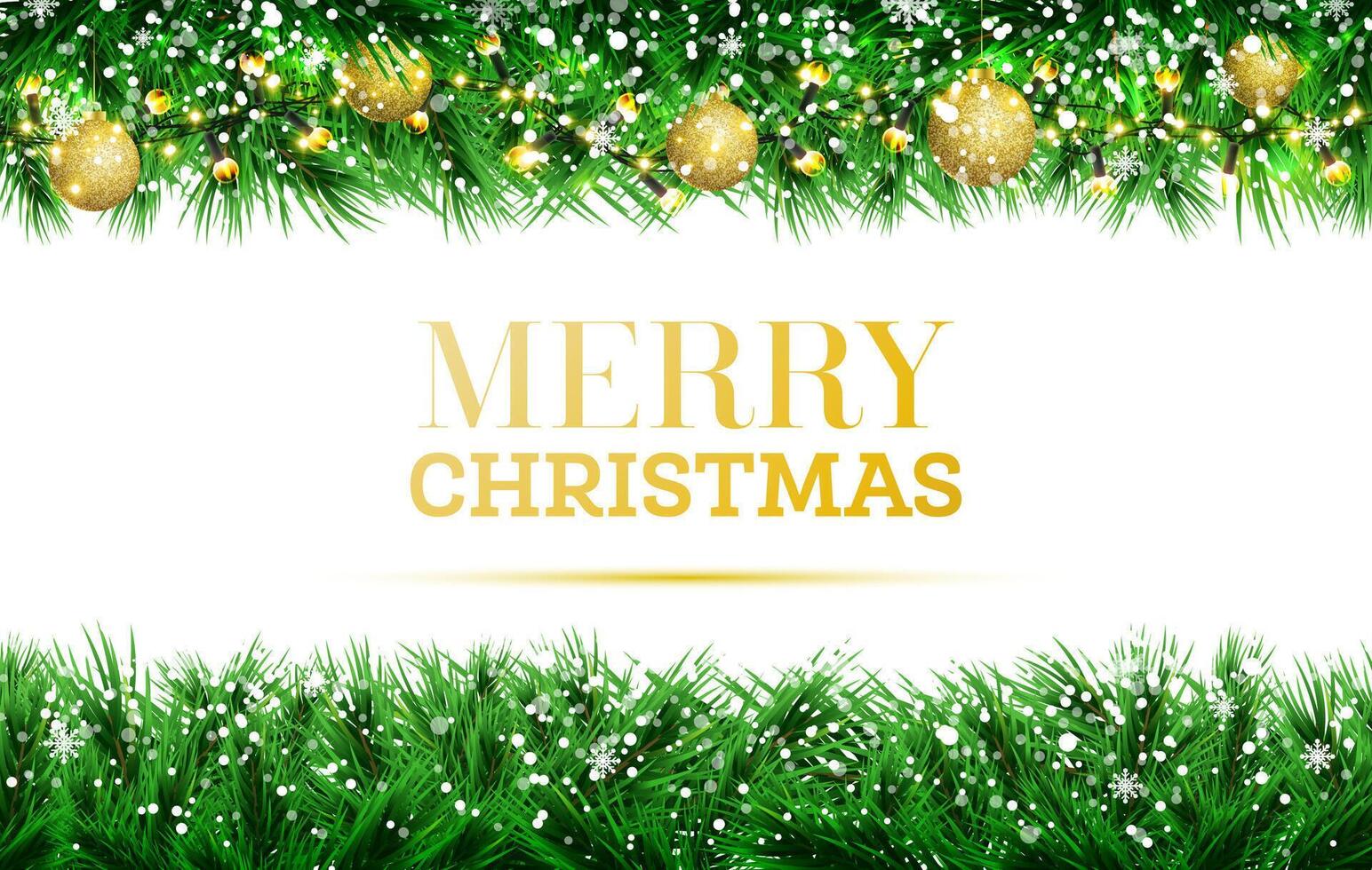Fir branches with golden christmas balls and neon lights on garlands on white background. White falling snowflakes. Merry Christmas. Happy New Year. Green pine spruce twigs. vector