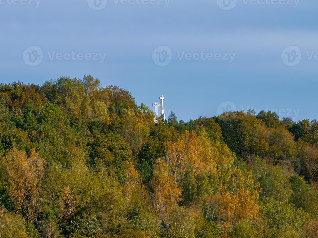 Hill of Three Crosses Amidst Autumn Foliage in Vilnius, Lithuania photo