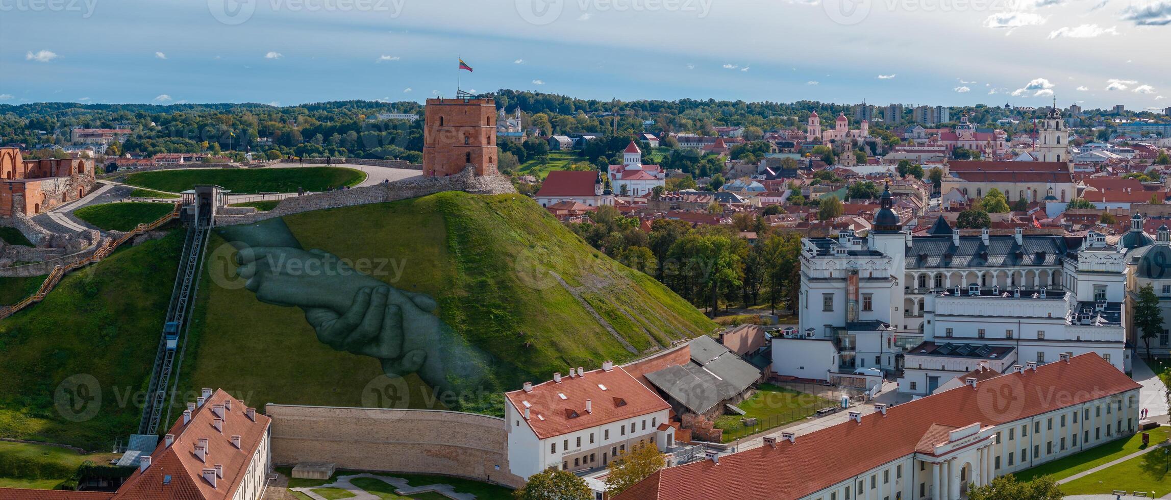 Aerial View of Gediminas' Tower and Mural in Vilnius, Lithuania photo