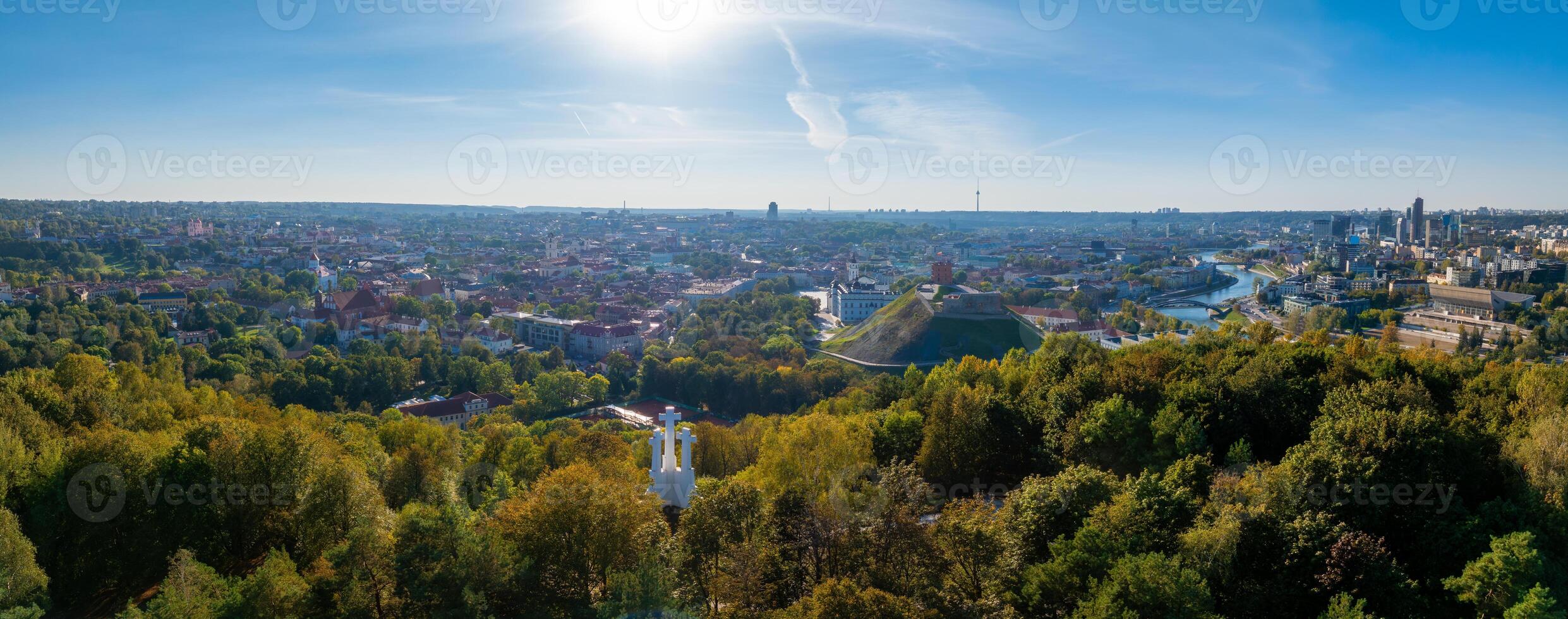 Aerial View of Vilnius with Three Crosses Monument and Gediminas' Tower photo