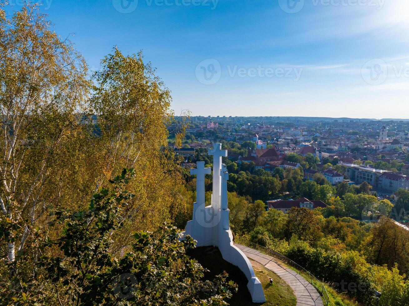 Three Crosses Monument Overlooking Vilnius Cityscape in Lithuania photo