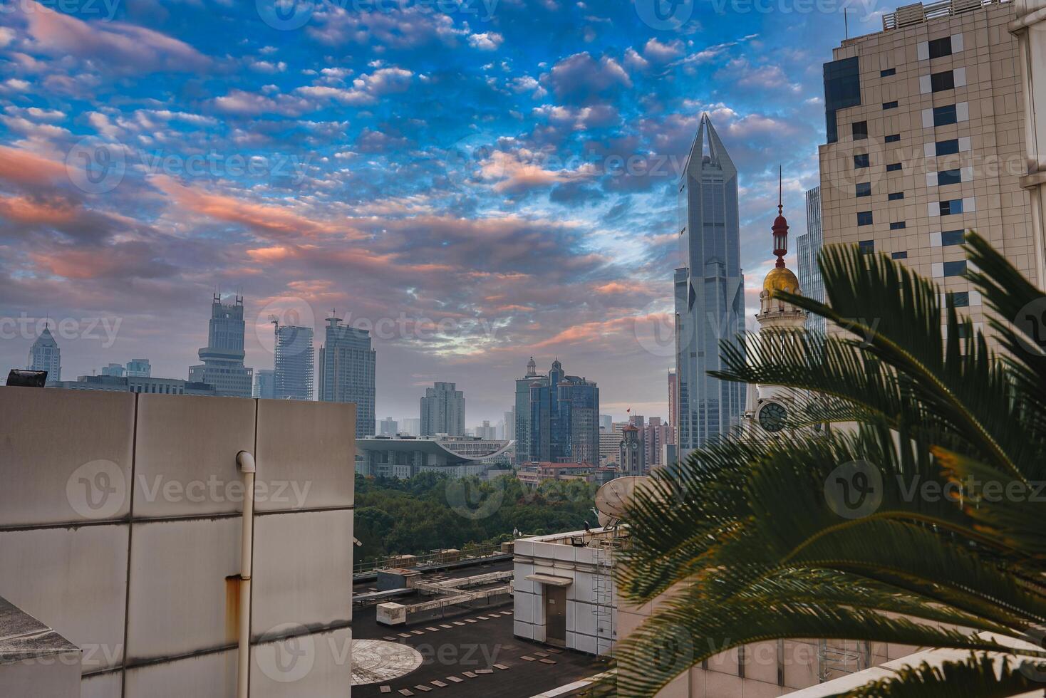 Shanghai Skyline with Shanghai World Financial Center at Sunset photo