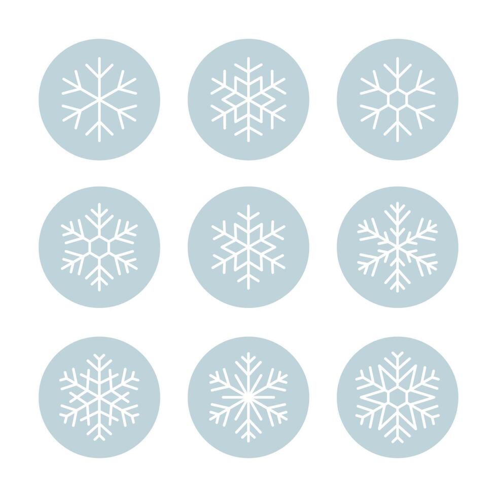 Set of white snowflakes icon on pastel blue background, frost or cold weather symbol, Christmas and New Year decoration. vector