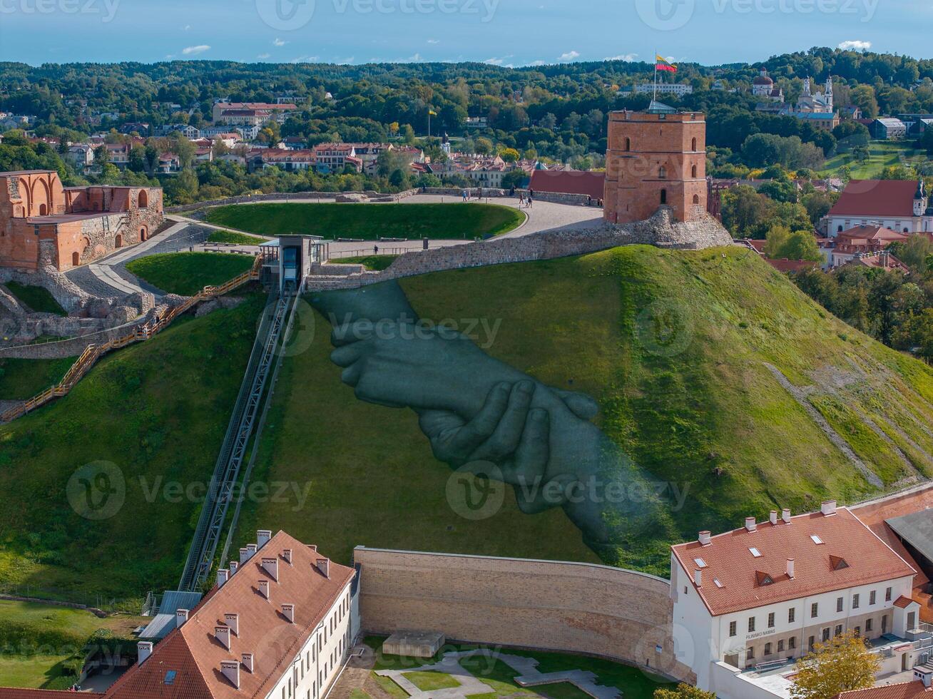 Aerial View of Gediminas' Tower and Mural in Vilnius, Lithuania photo