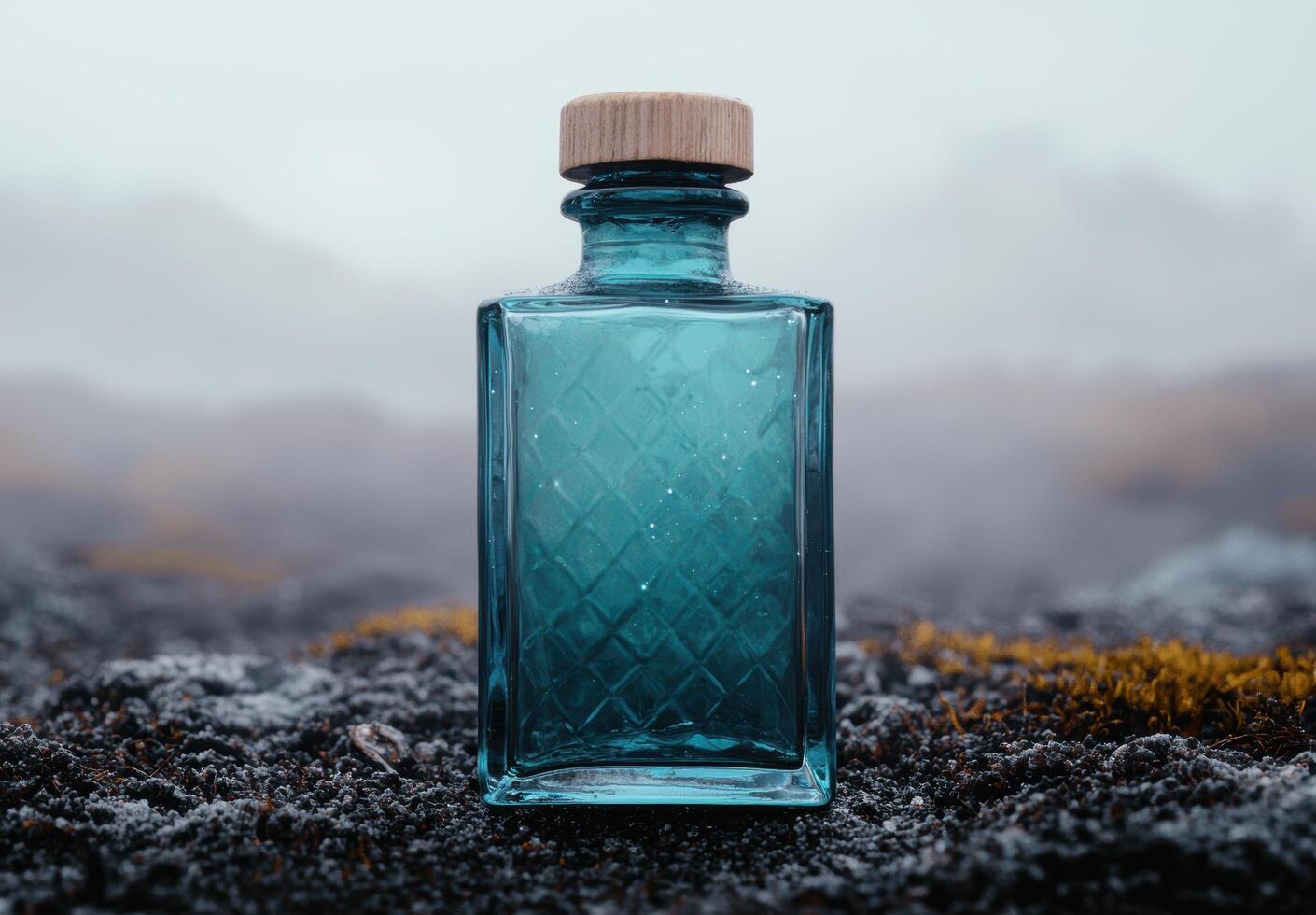 Elegant glass bottle on rocky ground photo