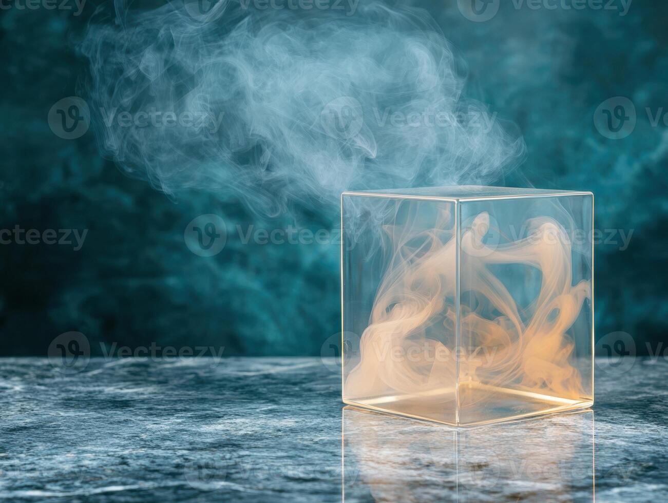 Ethereal smoke swirls in a glass cube on a reflective surface photo
