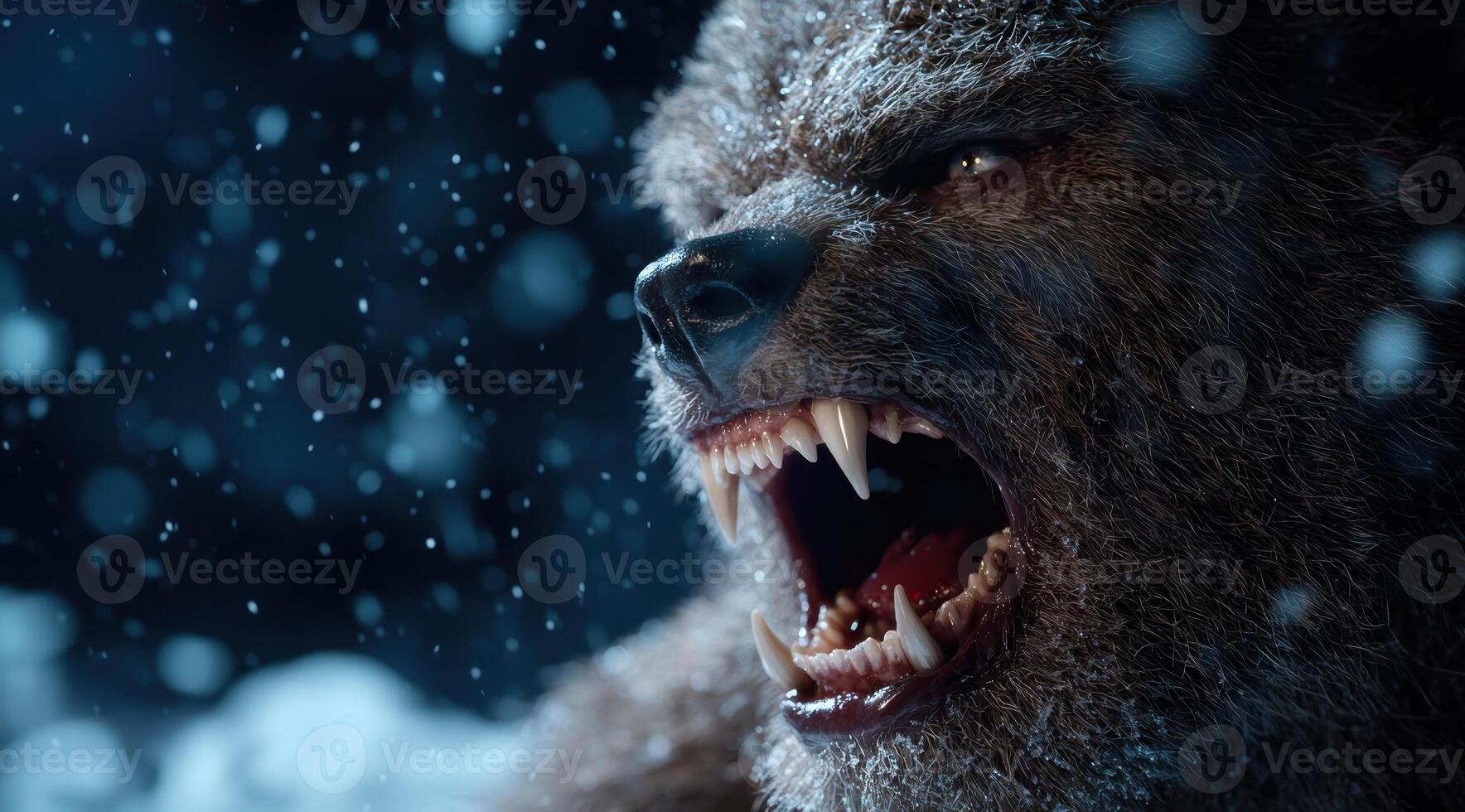 Ferocious werewolf roaring in the snow photo