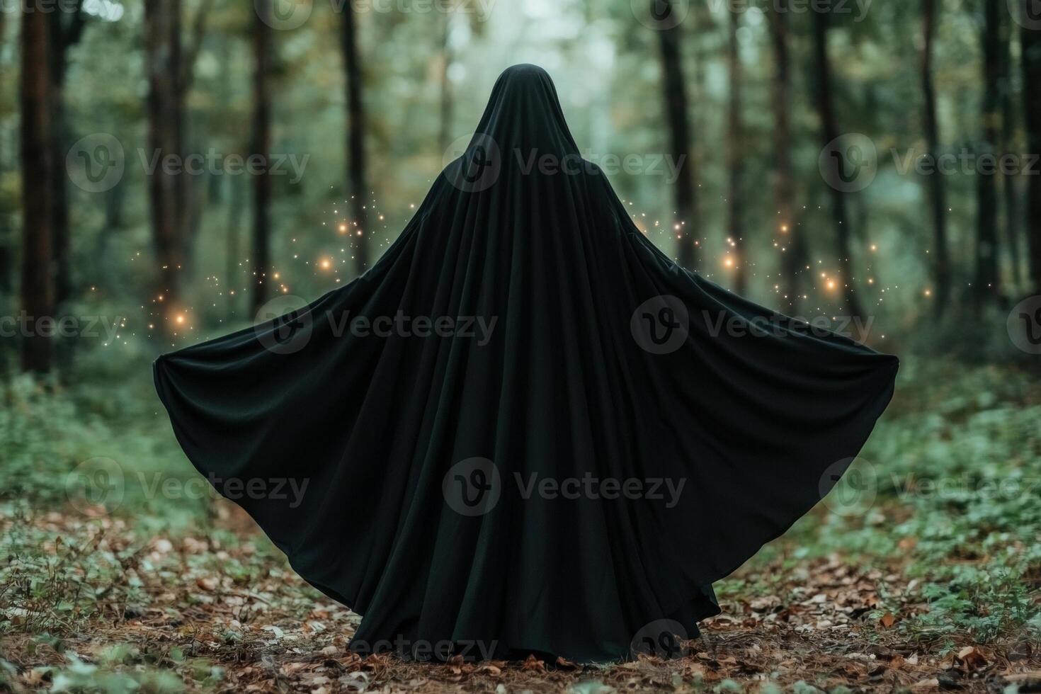Mysterious figure in dark cloak in enchanted forest photo