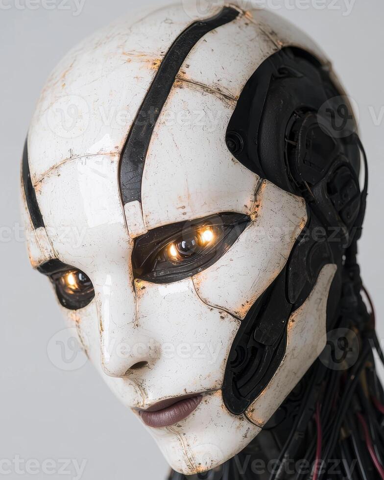 Futuristic robot face with glowing eyes photo