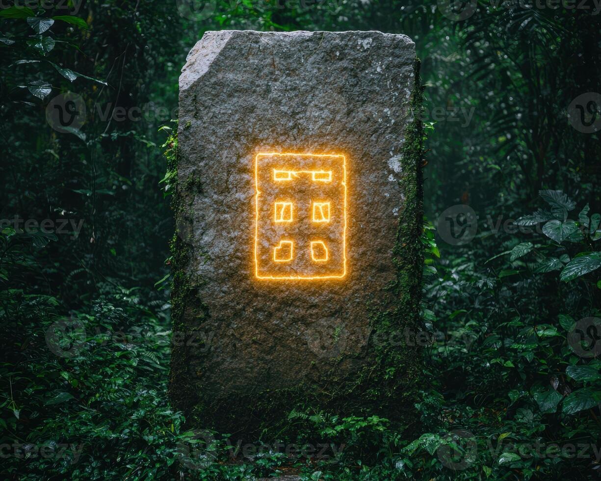 Glowing neon sign on a moss covered rock in a lush forest photo