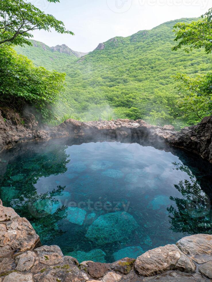 Serene natural hot spring pool in lush green mountains photo