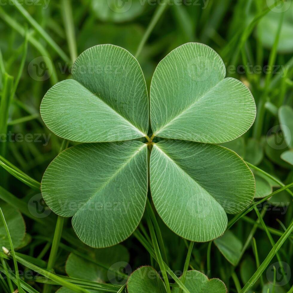 Close up of a green four leaf clover in grass photo