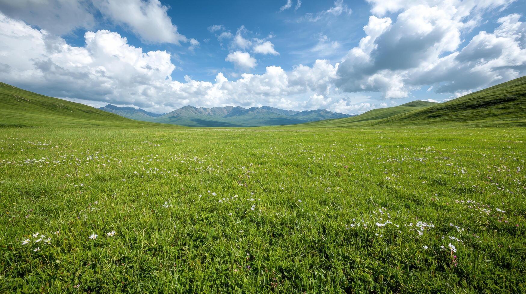 Scenic mountain landscape with green meadow and cloudy sky photo