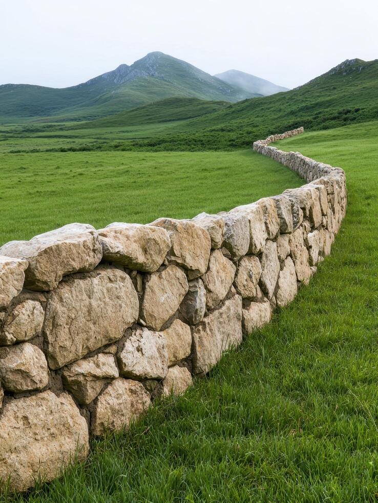 Scenic mountain landscape with stone wall photo