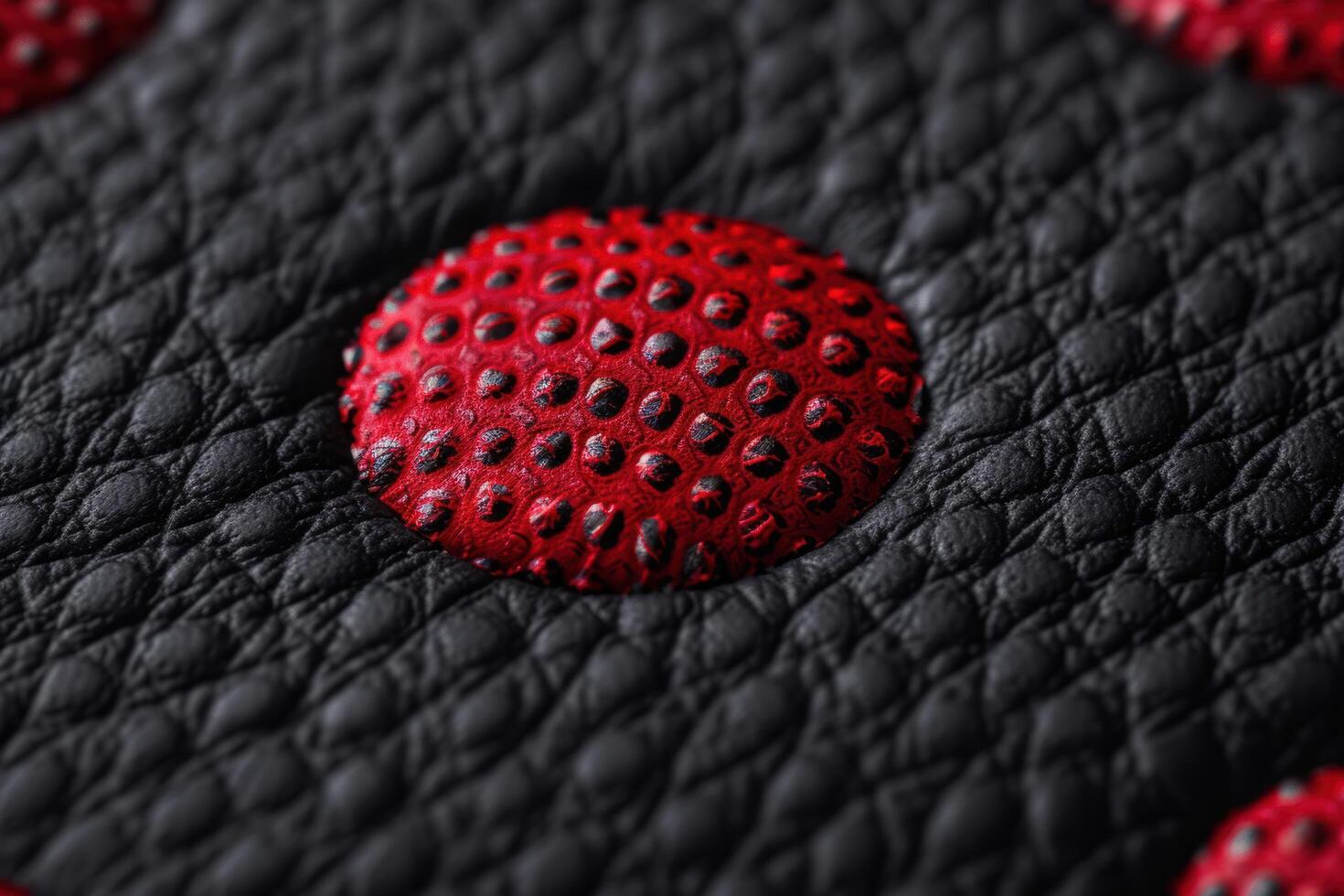 close up of a red strawberry on black leather photo