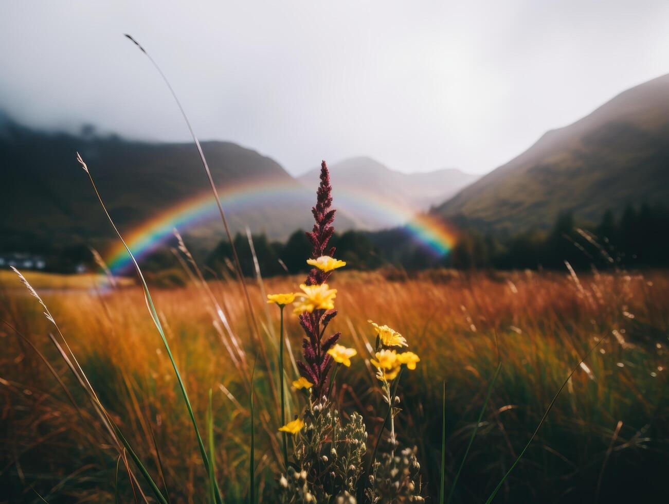 Vibrant rainbow over mountain landscape photo