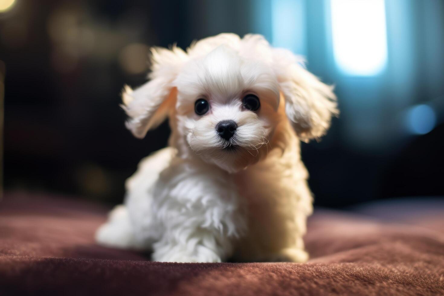 Adorable white fluffy puppy sitting on a couch photo