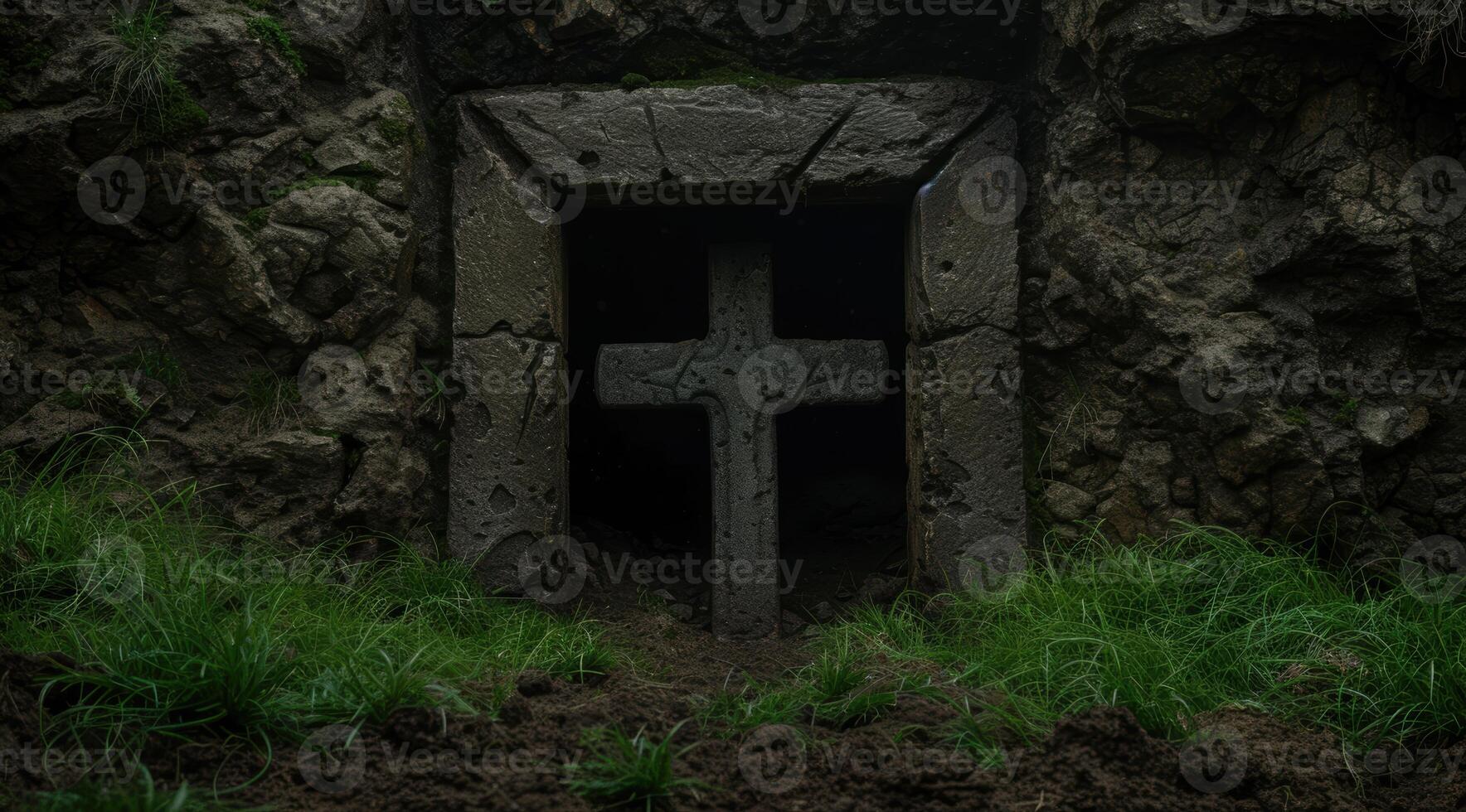 dark and mysterious stone cross in a forest photo