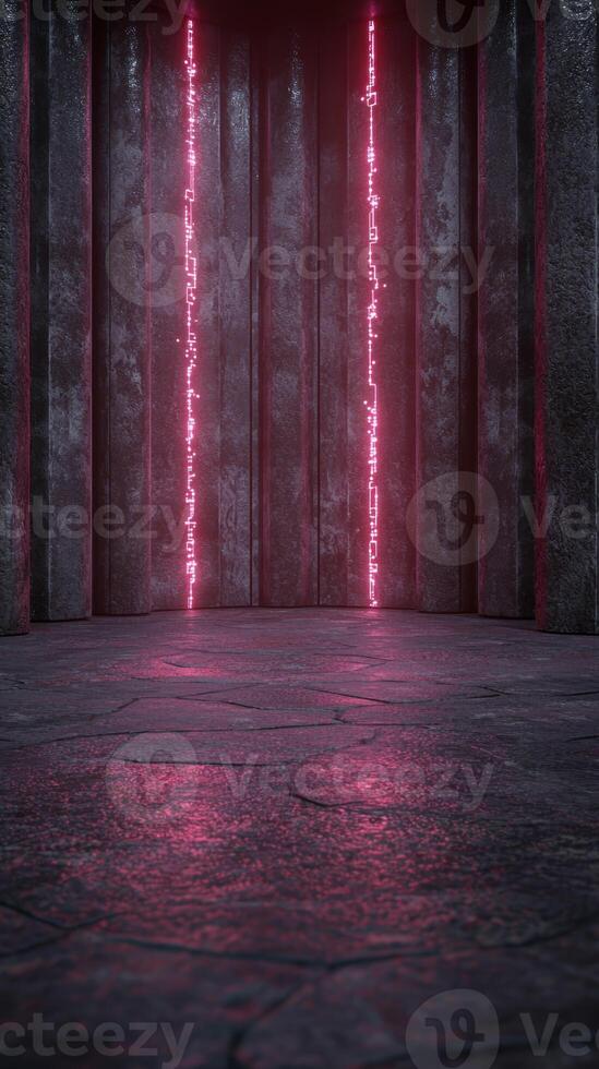 Glowing red neon lines in dark moody room photo