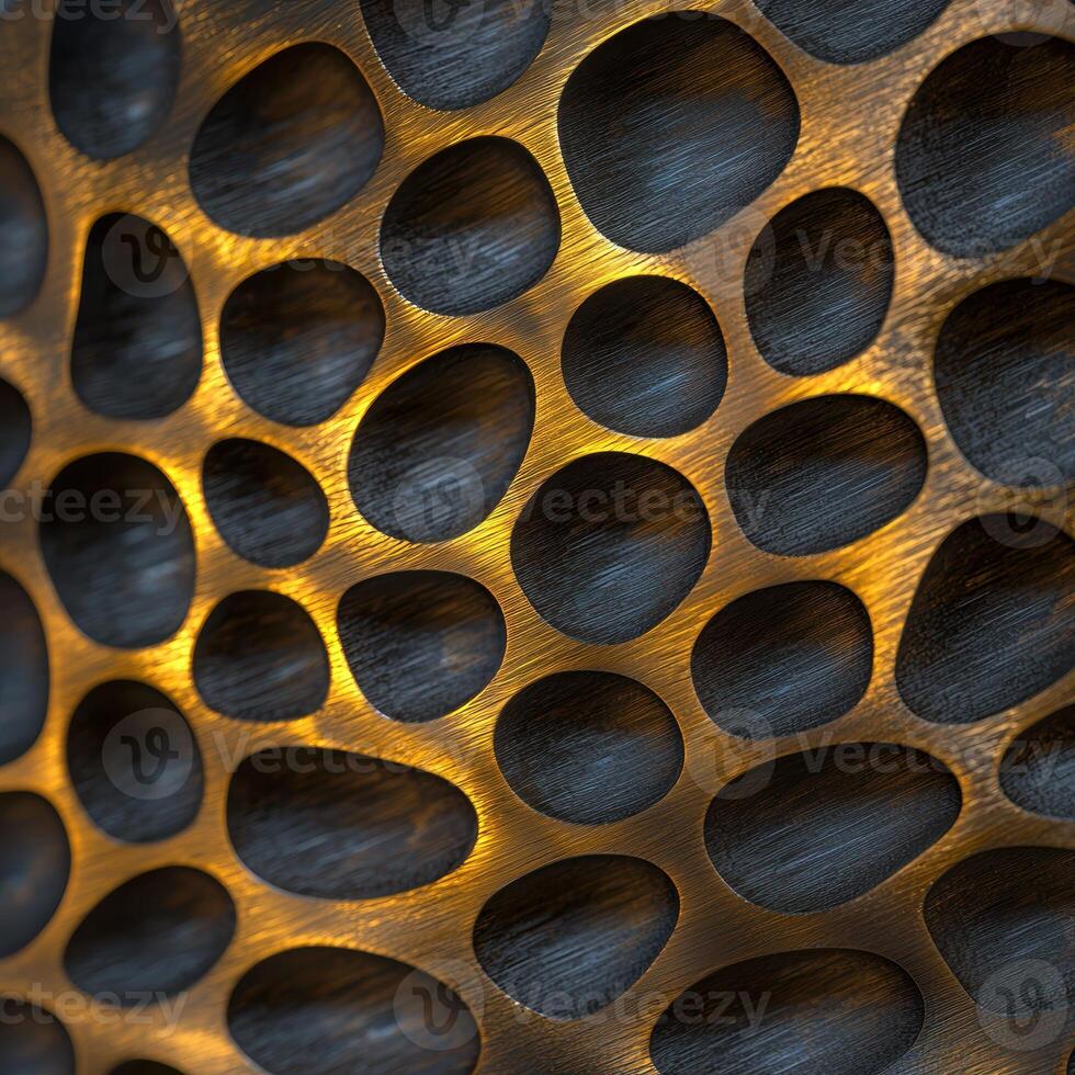Intricate wooden pattern with illuminated circles photo