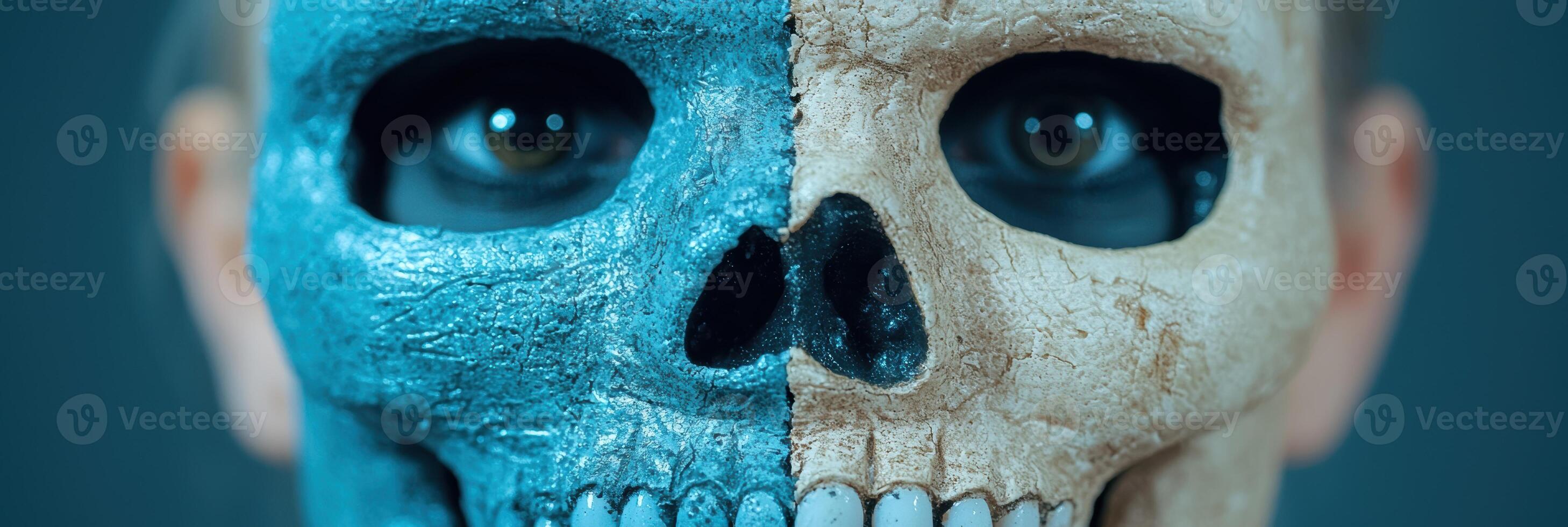 close up of a spooky skull face with glowing blue eyes photo