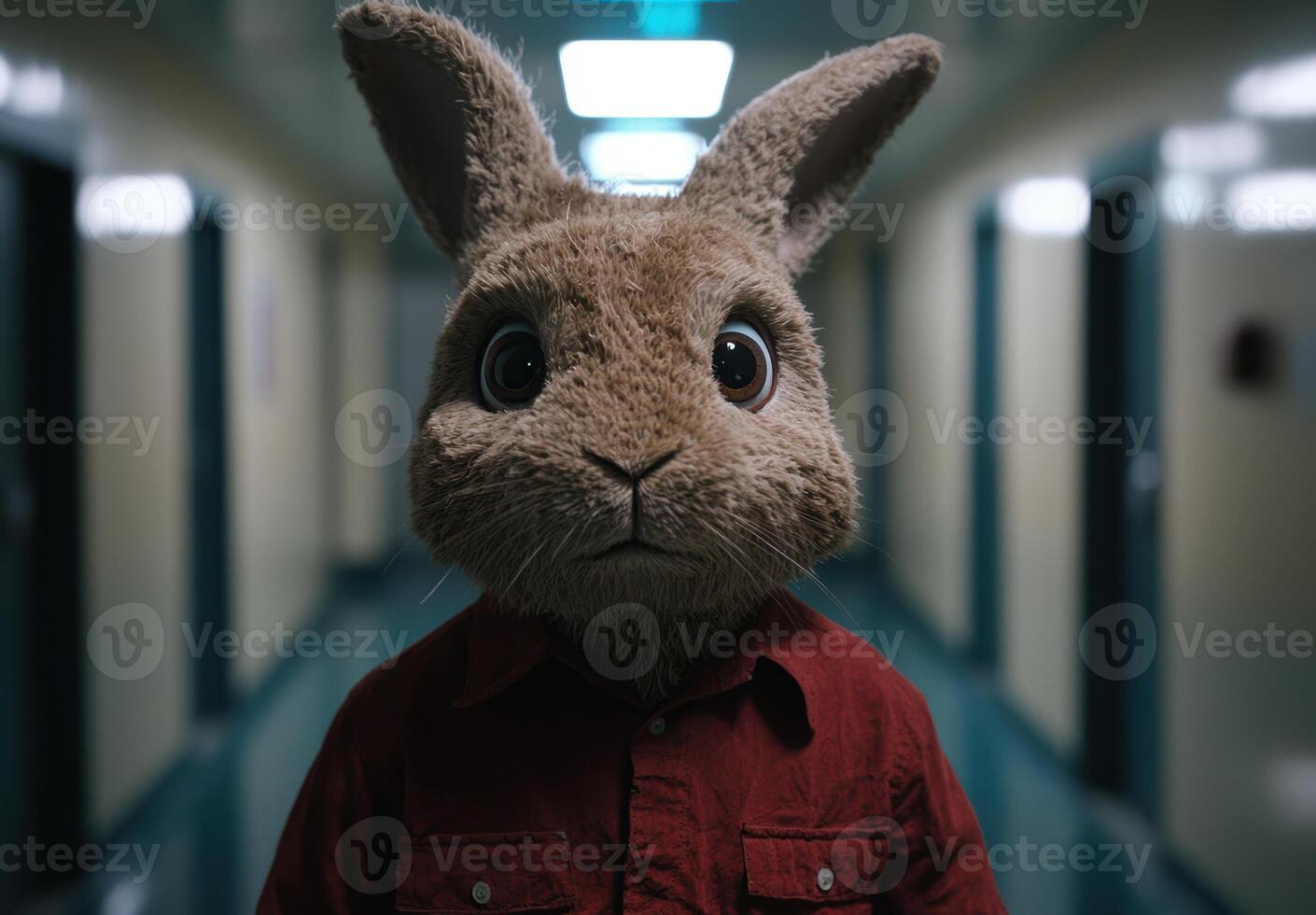 Cute rabbit wearing a red jacket in a hallway photo