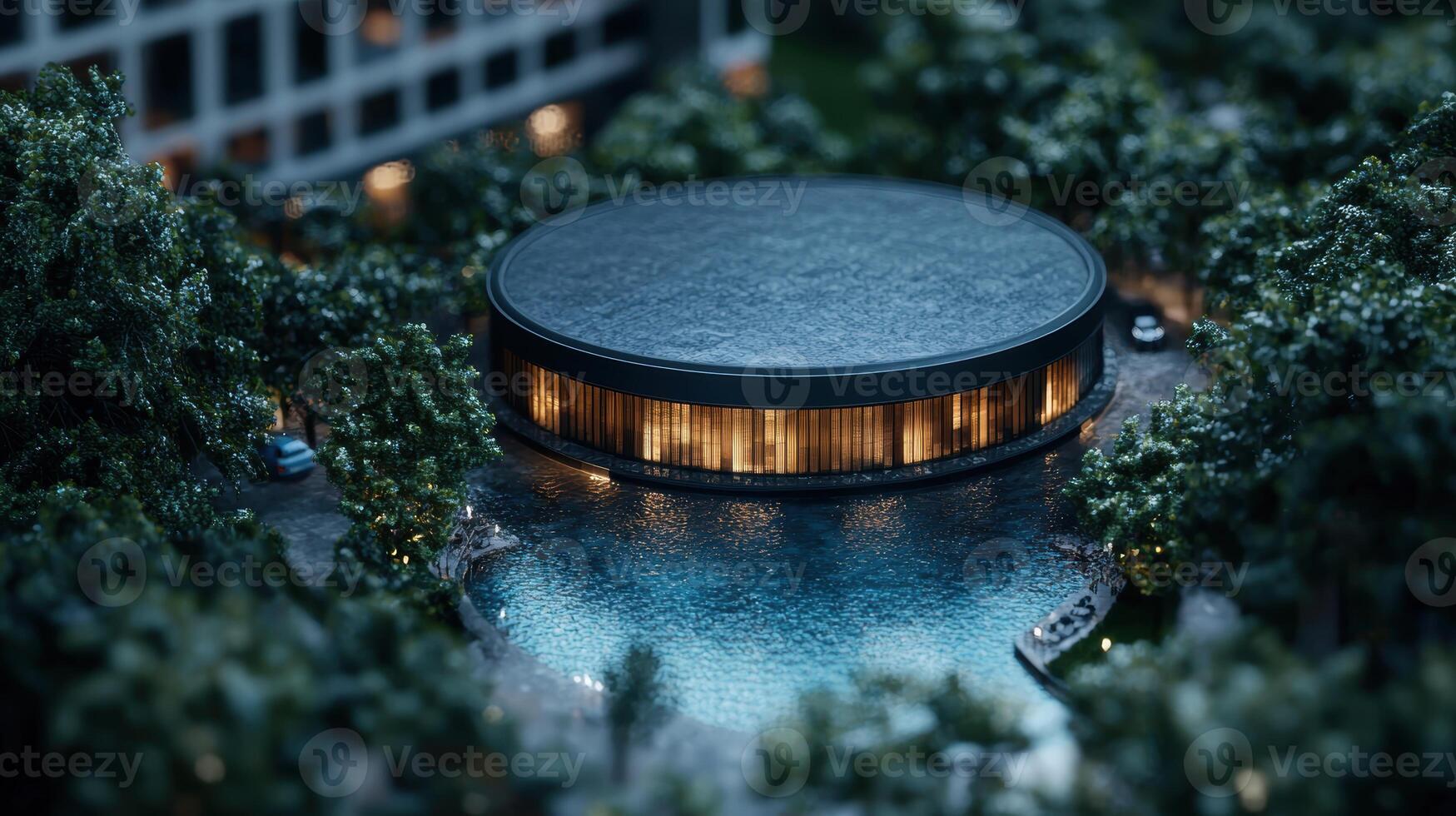 Illuminated modern outdoor spa with lush foliage photo