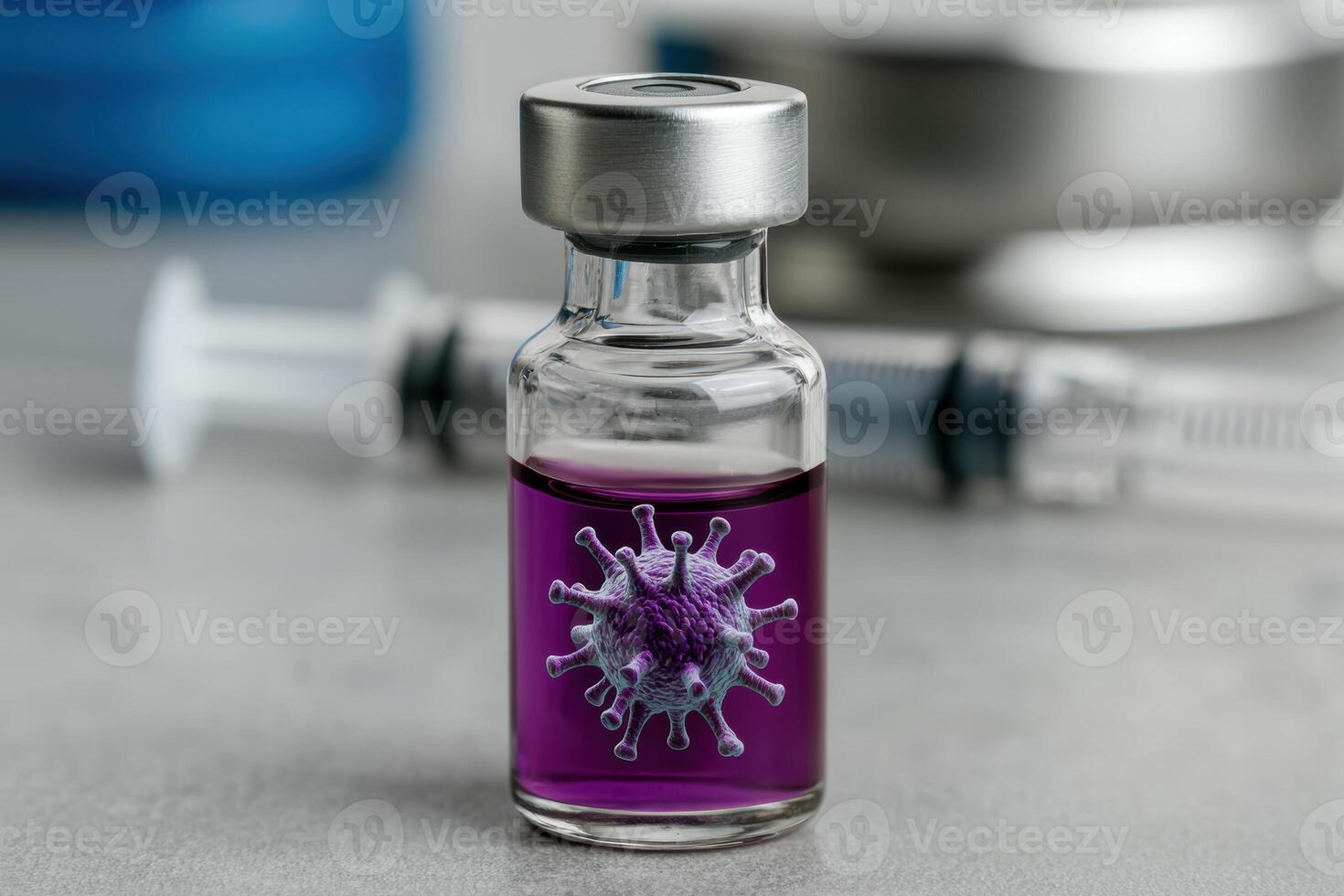 Vaccine vial with coronavirus illustration photo